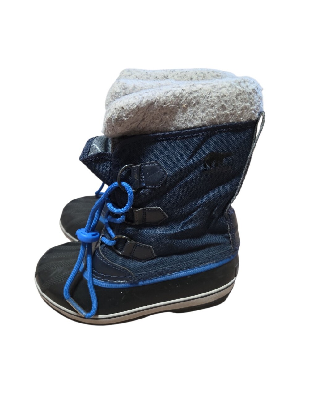 Sorel Yoot Pac Nylon waterproof snow boots in blue black sherpa collar Kids Sz 2